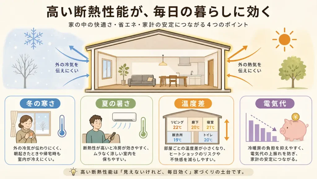 断熱性能が暮らしに効くポイントを整理した図
