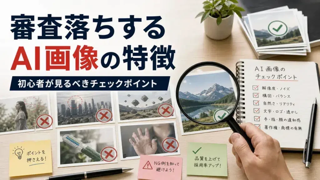 Adobe Stockで審査に落ちるAI画像の特徴を表すアイキャッチ画像
