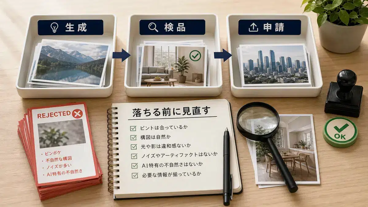 AI画像の審査落ちを減らすための確認作業を表す画像