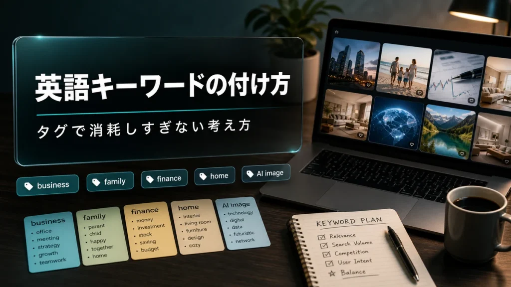 Adobe Stockの英語キーワードをAI画像のサムネイルとタグで整理するイメージ