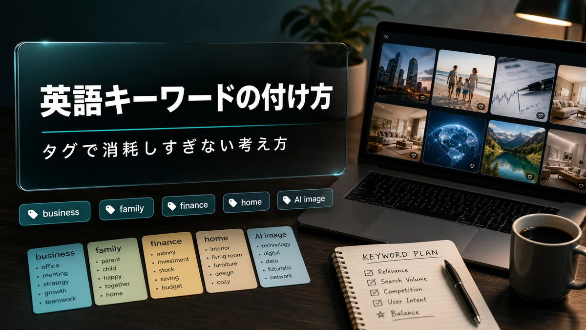 Adobe Stockの英語キーワードをAI画像のサムネイルとタグで整理するイメージ