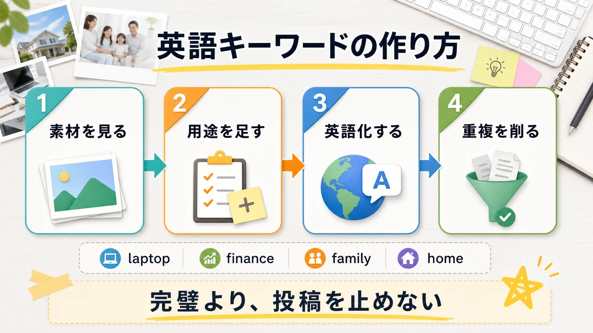 AIストックフォトの英語キーワードを素材用途英語化重複削除の順で作る流れ