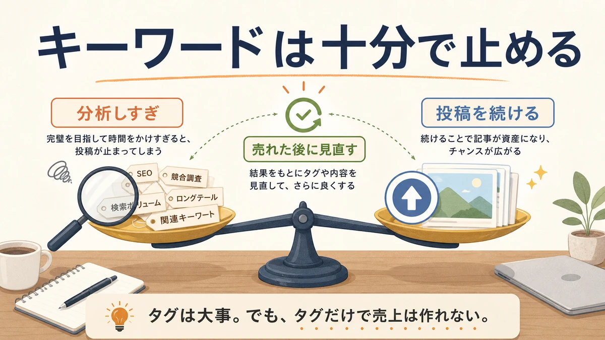 Adobe Stockのキーワードは分析しすぎず投稿継続とのバランスで考える図