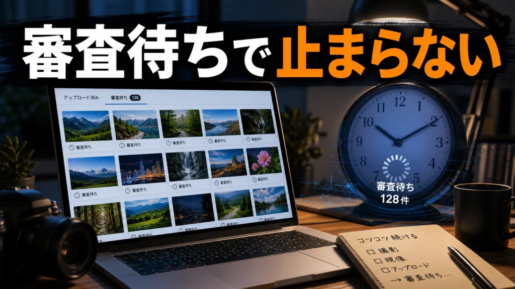 Adobe Stockの審査待ちを時計と画像サムネイルで確認する作業机のイメージ