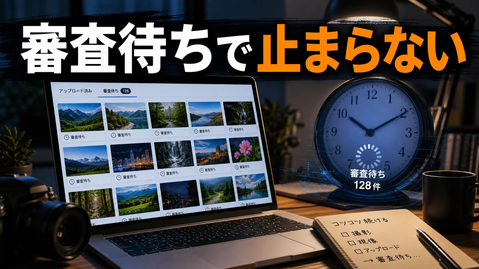 Adobe Stockの審査待ちを時計と画像サムネイルで確認する作業机のイメージ