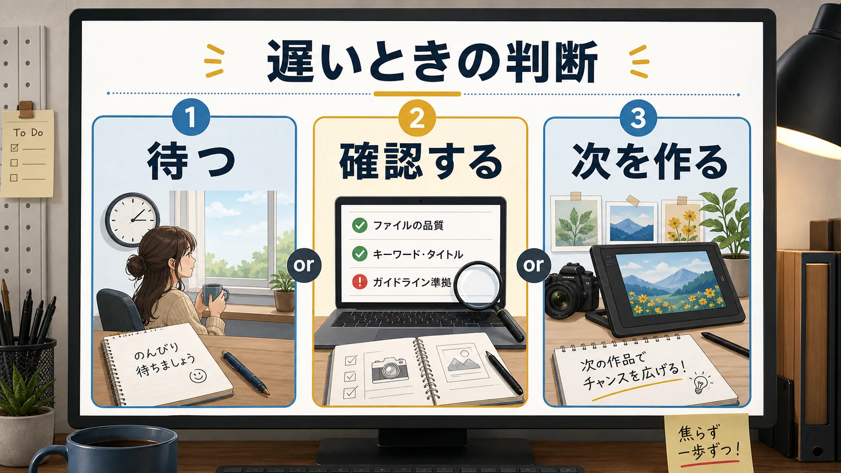 審査時間が長いときに待つ見直す次を作るを分けて考える図