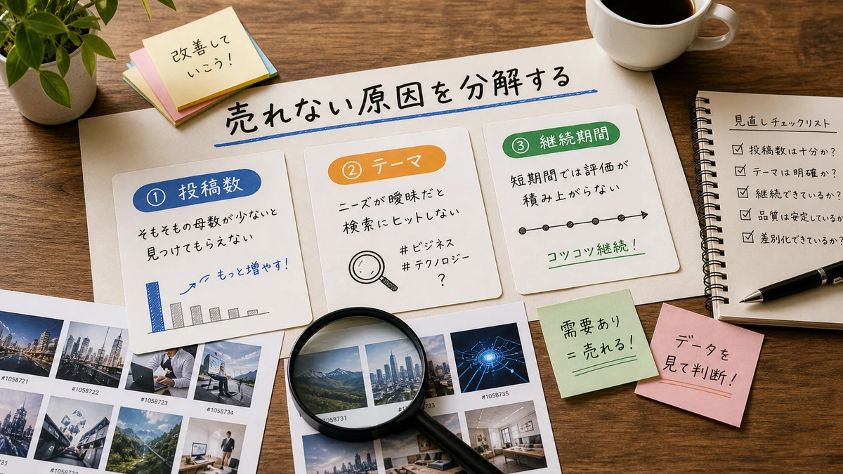 AI画像が売れない原因を投稿数・テーマ・継続期間に分けて整理した図解