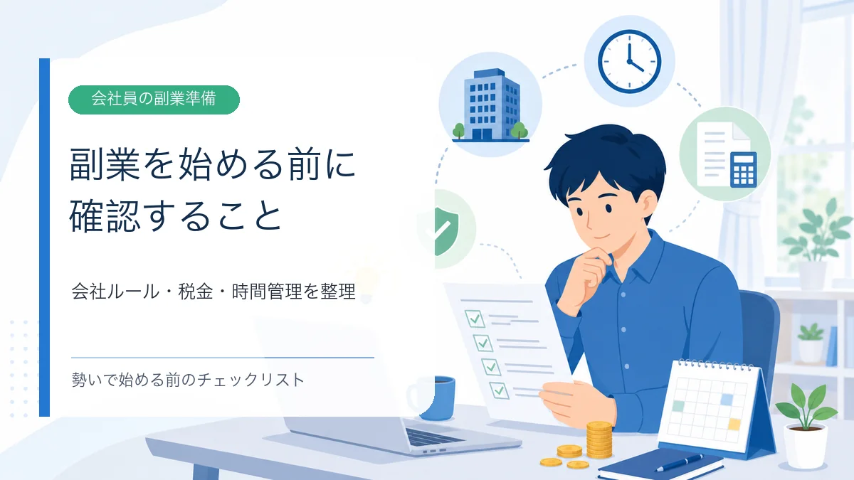 会社員が副業を始める前に会社ルールや税金を確認するイメージ