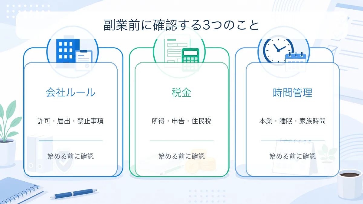 会社員が副業前に確認すべき会社ルール税金時間管理の図解