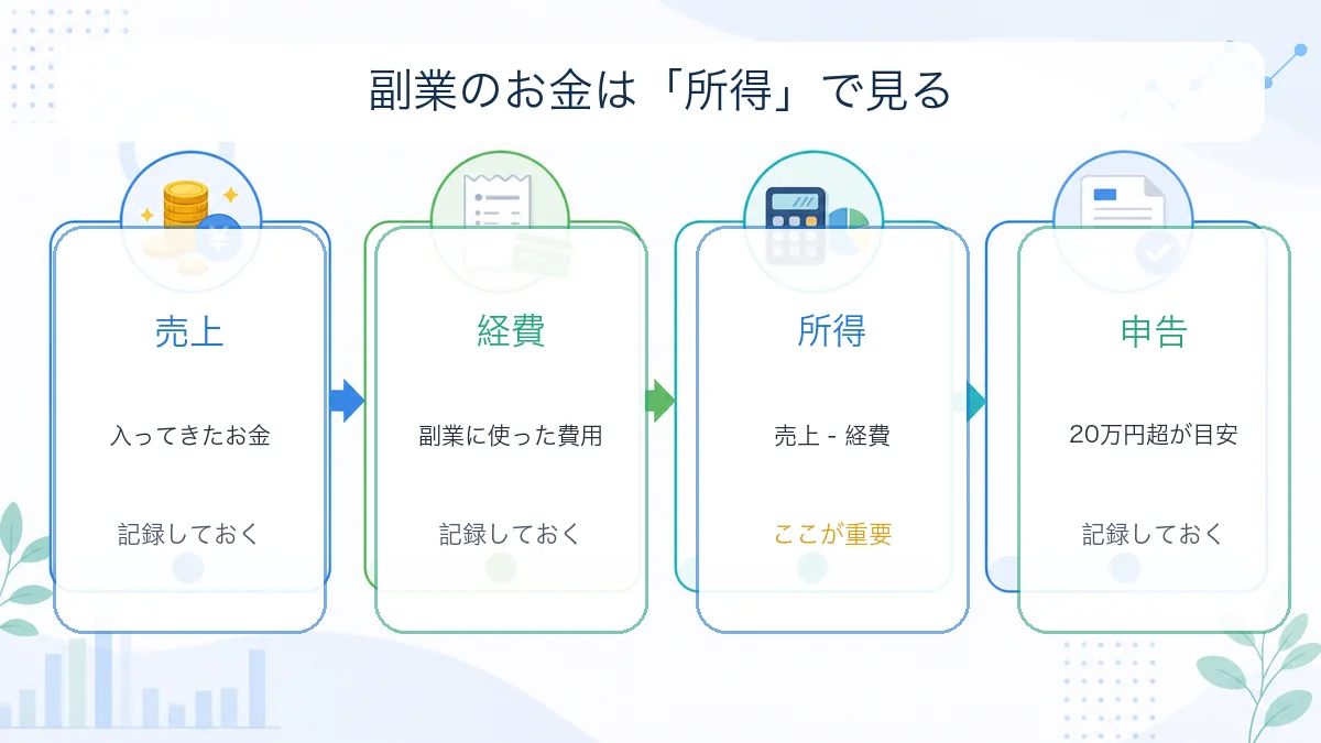 副業の売上から経費を引いて所得を計算する流れの図解