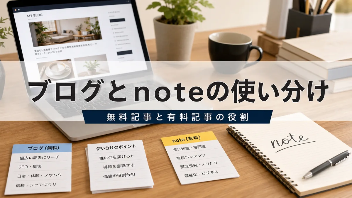 ブログとnoteの使い分けを考えるデスクとノートパソコン