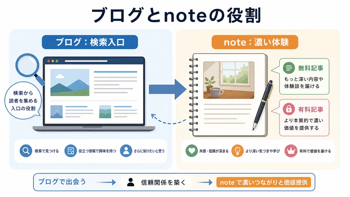 ブログは検索入口、noteは濃い体験と有料記事として整理した図解