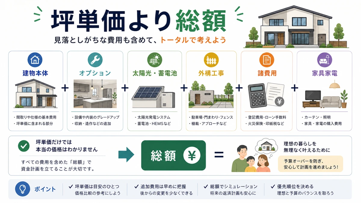 坪単価だけでなく総額で見るべき費用項目の図解