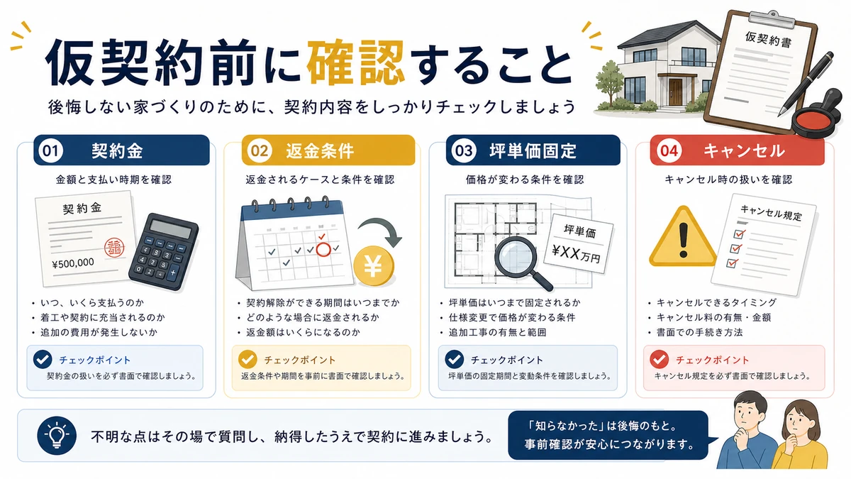 仮契約前に確認したい契約金・返金・期間・坪単価固定の図解