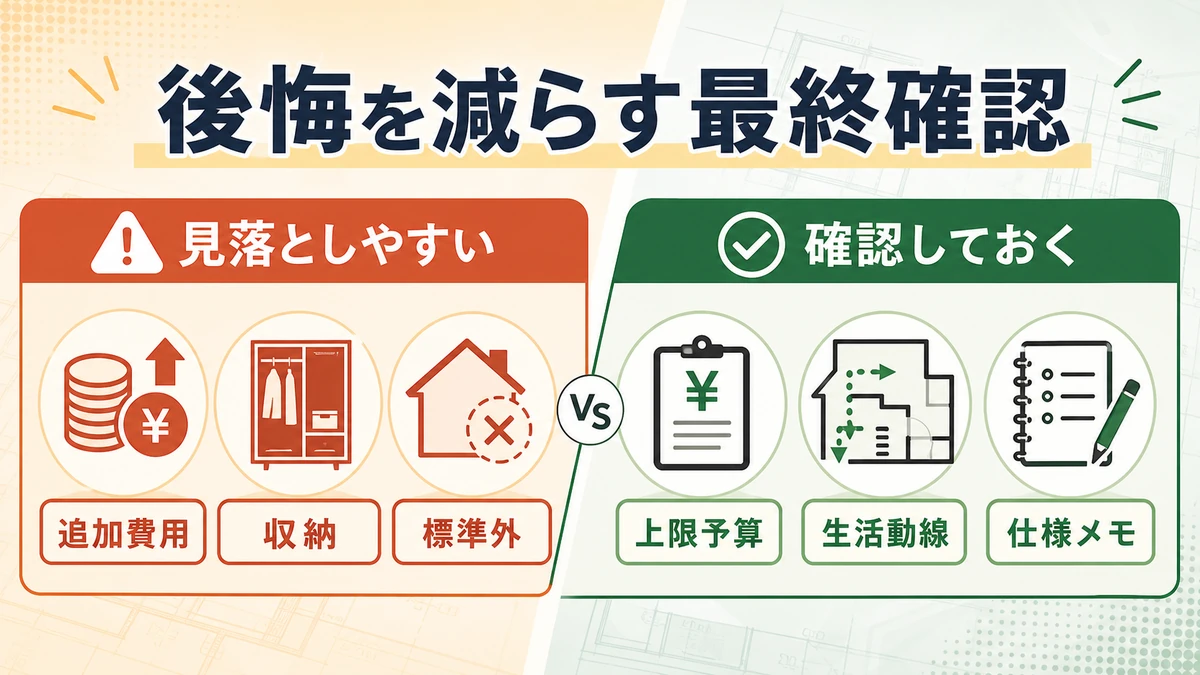 本契約前に見落としやすい追加費用や収納を確認して後悔を減らす図解