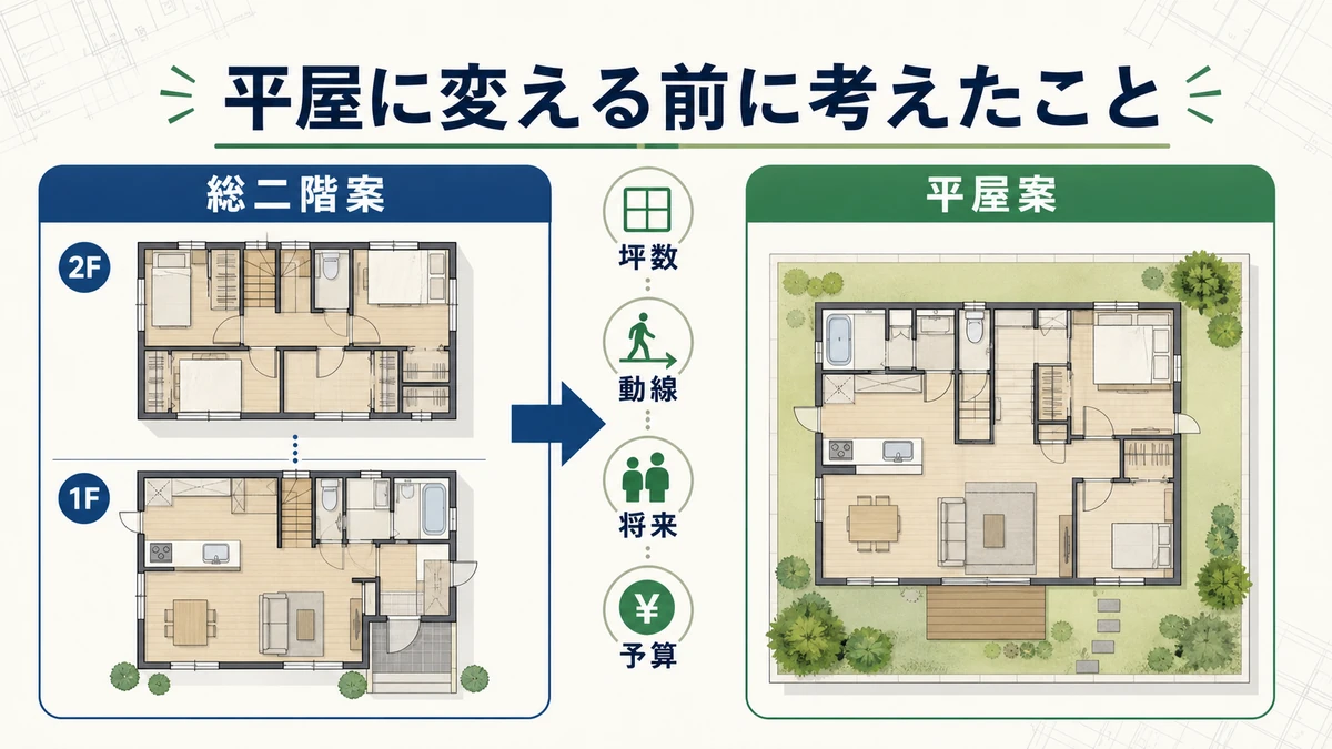 総二階案から平屋案へ変える前に考えたことの図解