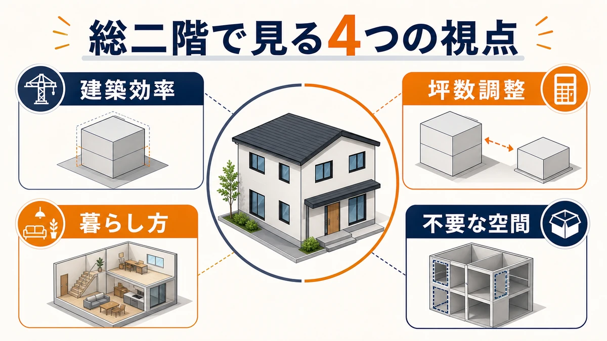 総二階で見る建築効率・坪数調整・暮らし方・不要な空間の図解