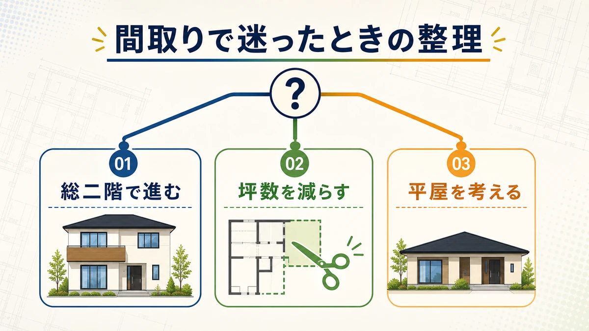 総二階で進むか坪数を減らすか平屋を考えるかの判断フロー
