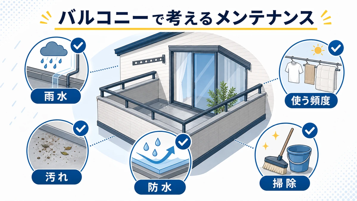 バルコニーで考えたい雨水・汚れ・防水・掃除・使う頻度の図解