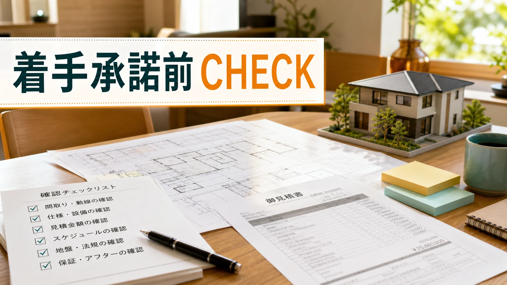 一条工務店の着手承諾前に図面と見積もりを確認する机のイメージ