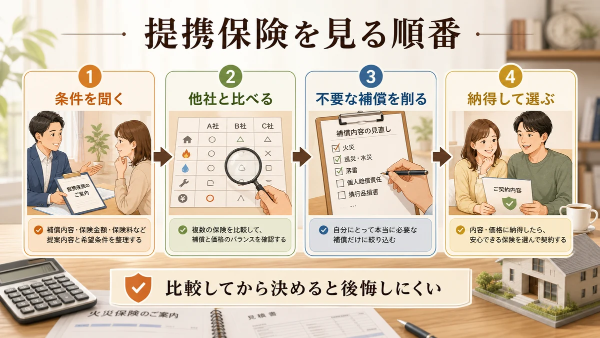 提携火災保険を条件確認他社比較補償整理毎年見直しの順に見る図