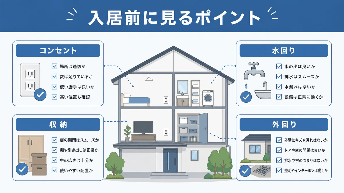 入居前にコンセント・水回り・収納・外回りを確認する図解