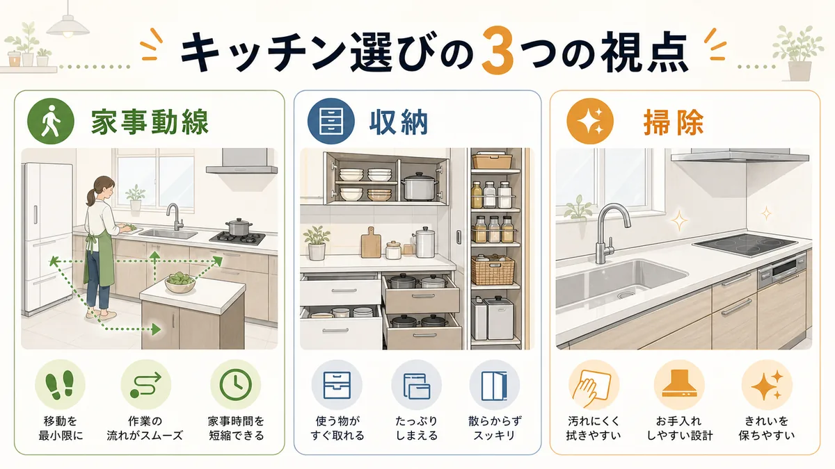 キッチン選びを家事動線・収納・掃除で整理した図解