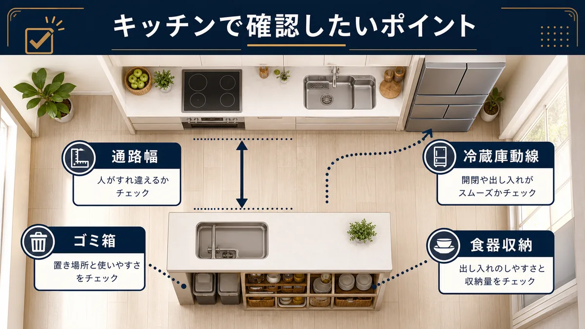 キッチン周りの収納と通路幅を確認するチェック図