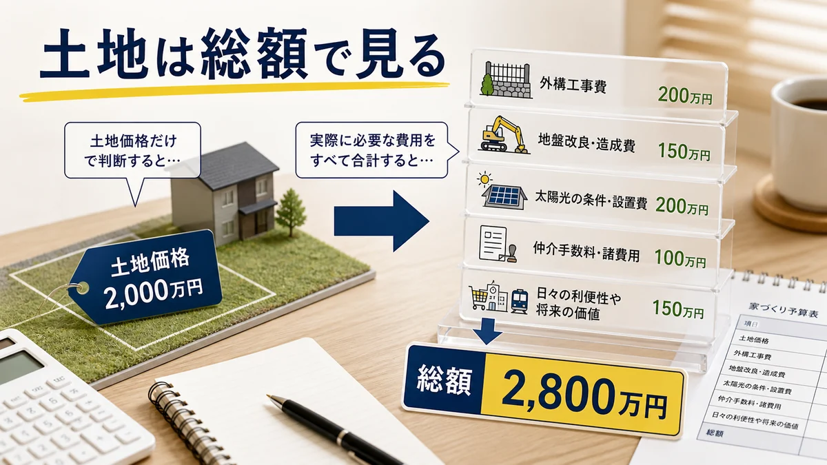 土地価格だけでなく外構費地盤改良太陽光まで含めて総額を見る図