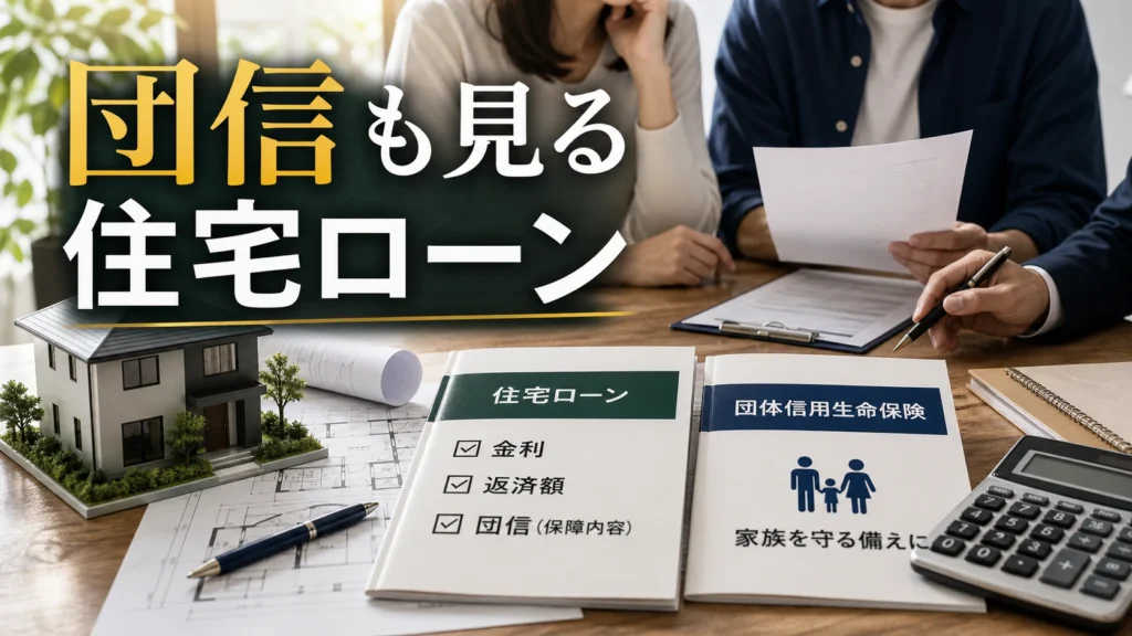 一条工務店の住宅ローンで団信と金利を見比べる家族の書類確認イメージ
