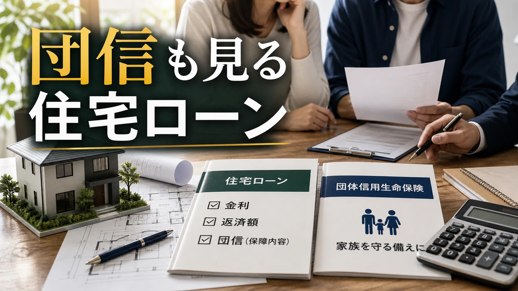 一条工務店の住宅ローンで団信と金利を見比べる家族の書類確認イメージ