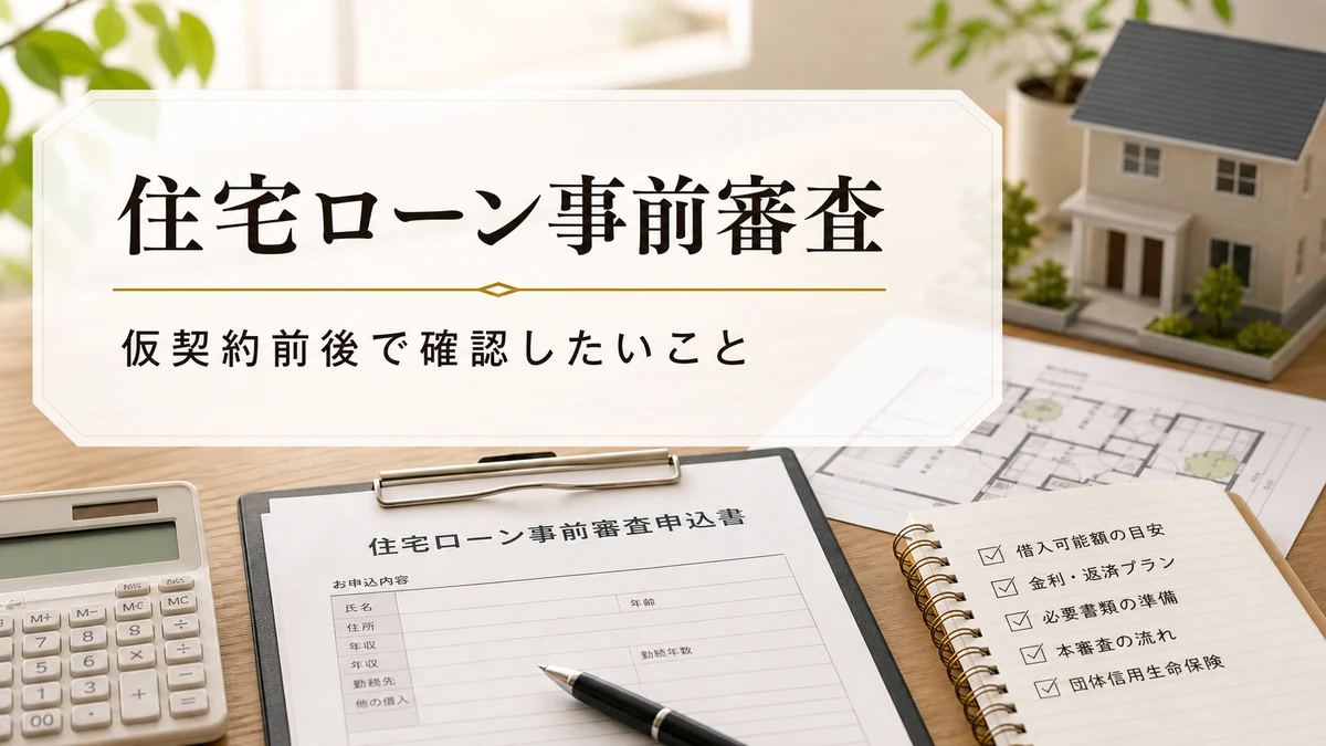 住宅ローン事前審査の書類と家模型を並べた画像