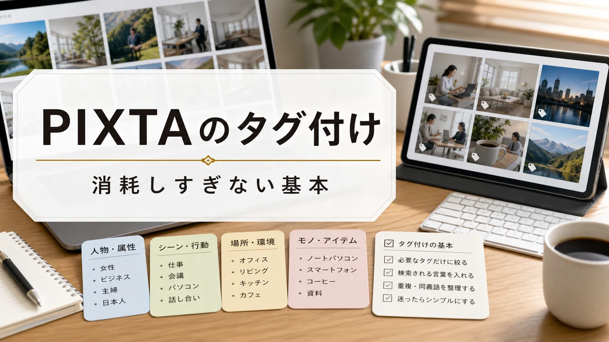 PIXTA向けタグを整理する作業机のアイキャッチ