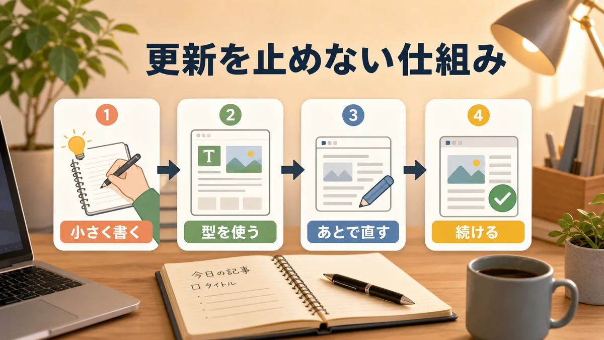 完璧より更新を止めない考え方を示す図解