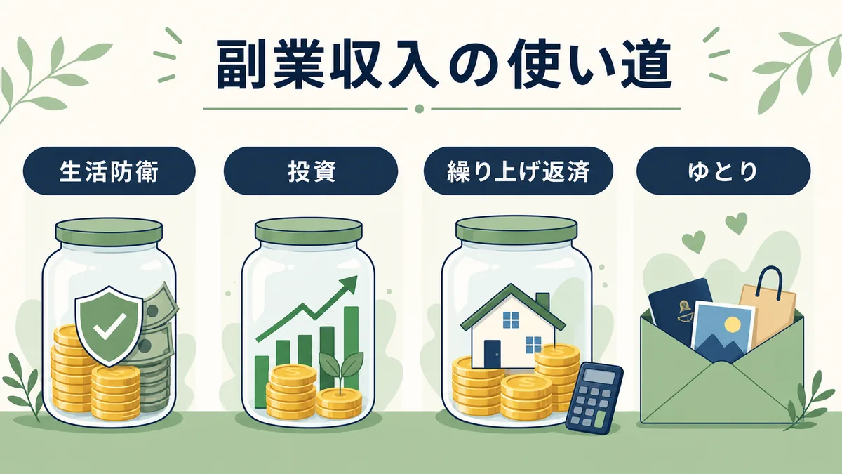 副業収入を生活防衛・投資・繰り上げ返済・ゆとりに分ける図解