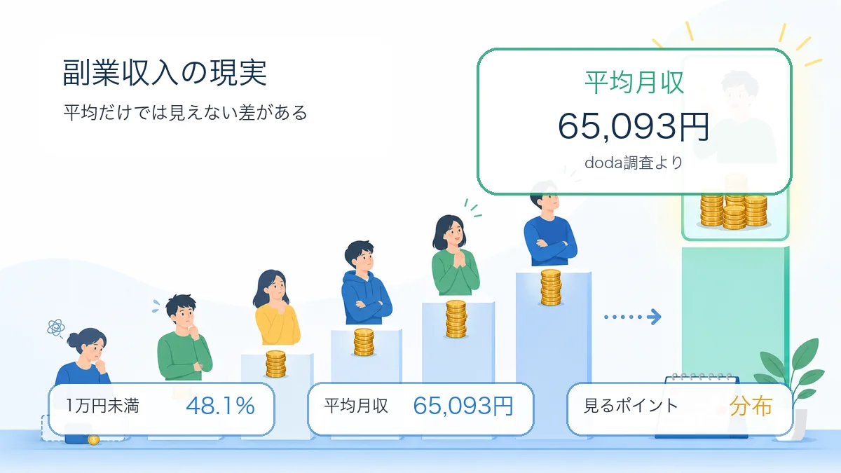 副業収入の平均と月1万円未満の割合を示す図解