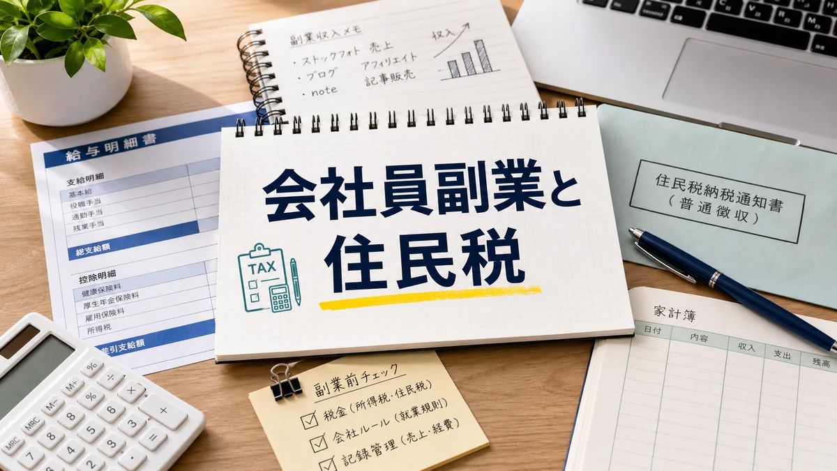 会社員の副業と住民税を給与明細と家計簿で確認するイメージ