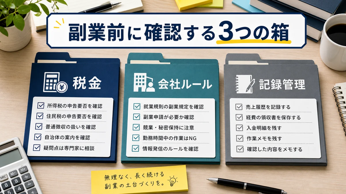会社員副業で会社ルール税金記録管理を分けて確認するチェックリスト