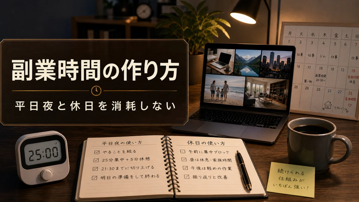 夜のデスクで副業作業をする会社員のアイキャッチ