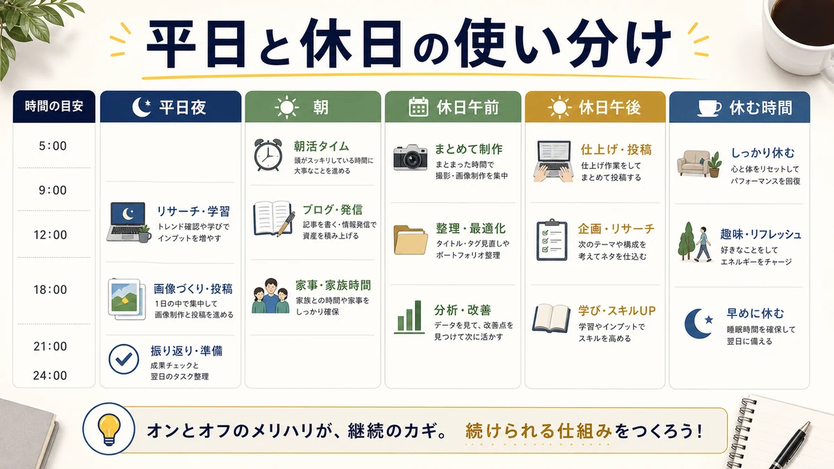 平日と休日の作業配分表
