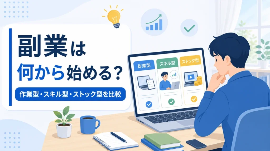 会社員が作業型スキル型ストック型の副業を比較しているイメージ