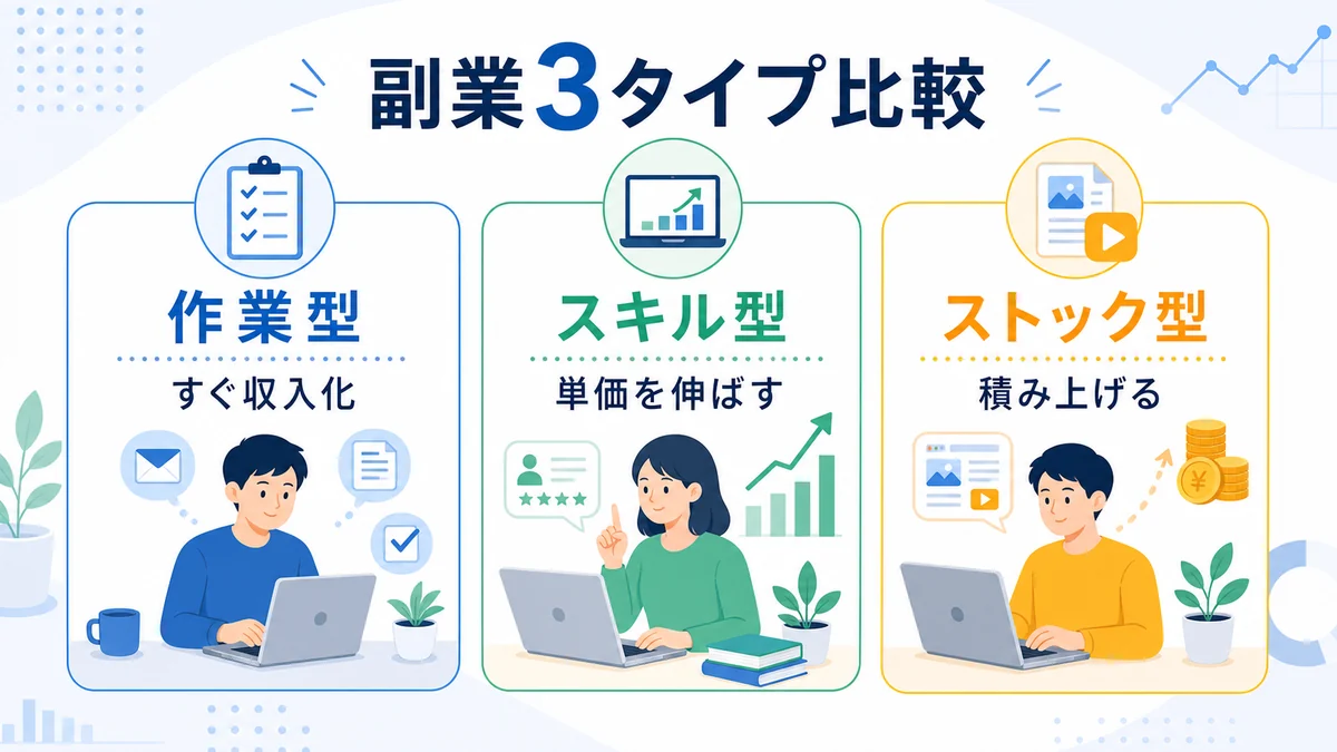 作業型スキル型ストック型の副業を比較する図解