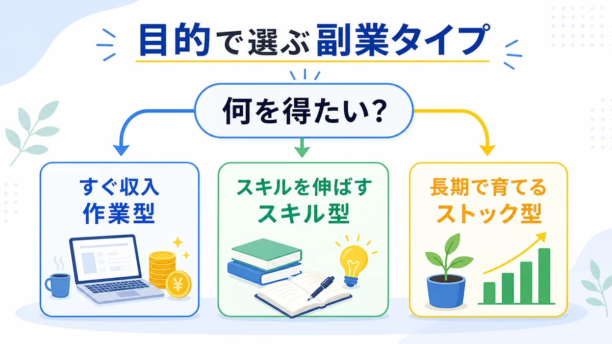 目的別に作業型スキル型ストック型の副業を選ぶ判断フロー