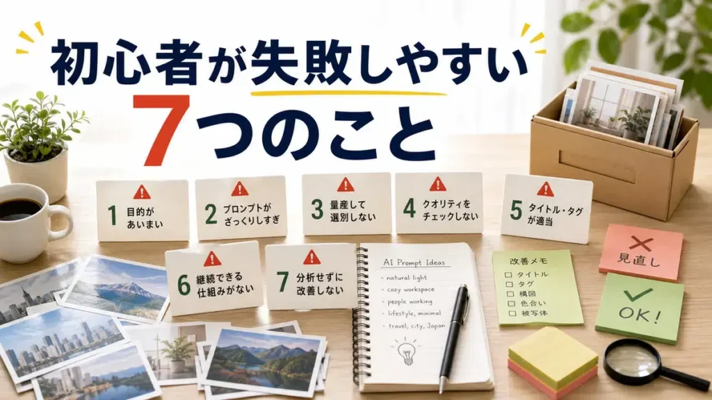 AIストックフォト初心者が失敗しやすい7つのことを表すアイキャッチ画像