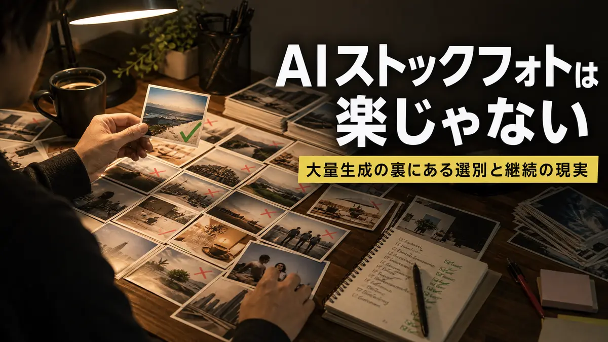 AIストックフォトは楽じゃないことを表す大量画像の選別作業のアイキャッチ画像