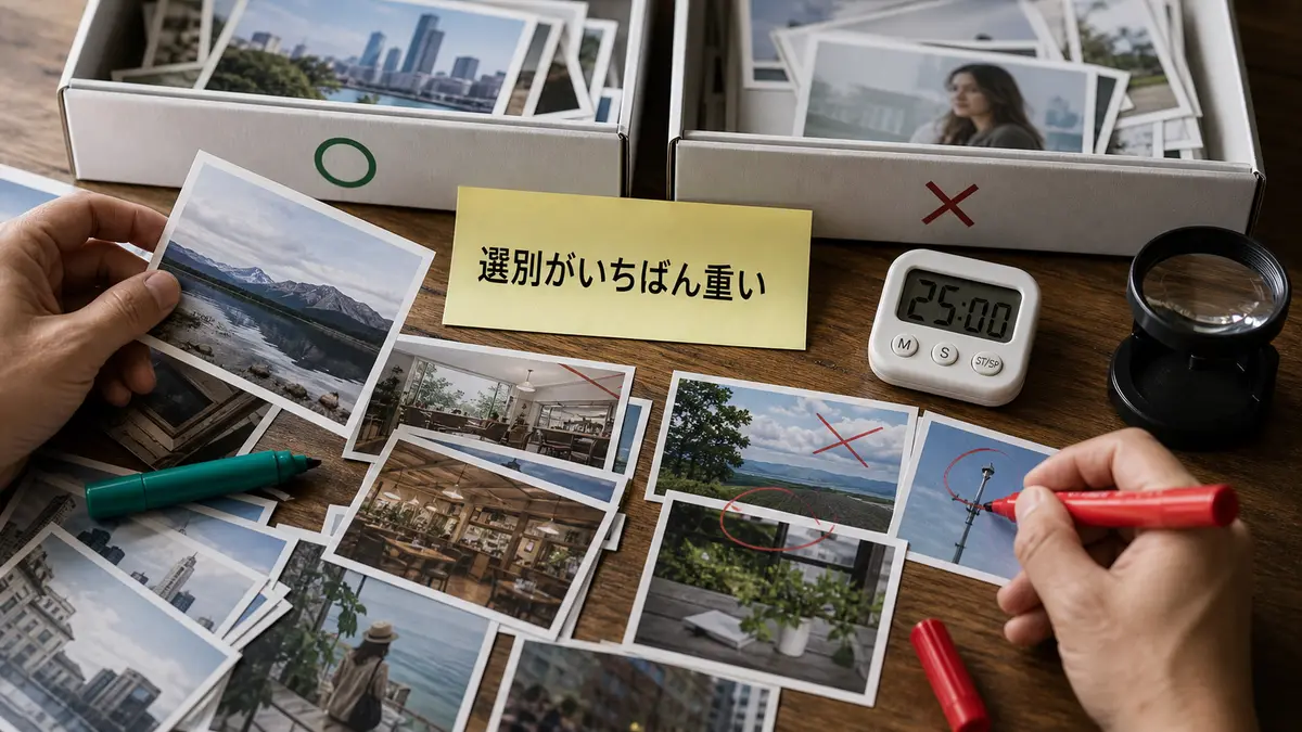 AIストックフォトで大量生成後の画像選別が重いことを表す作業机の画像