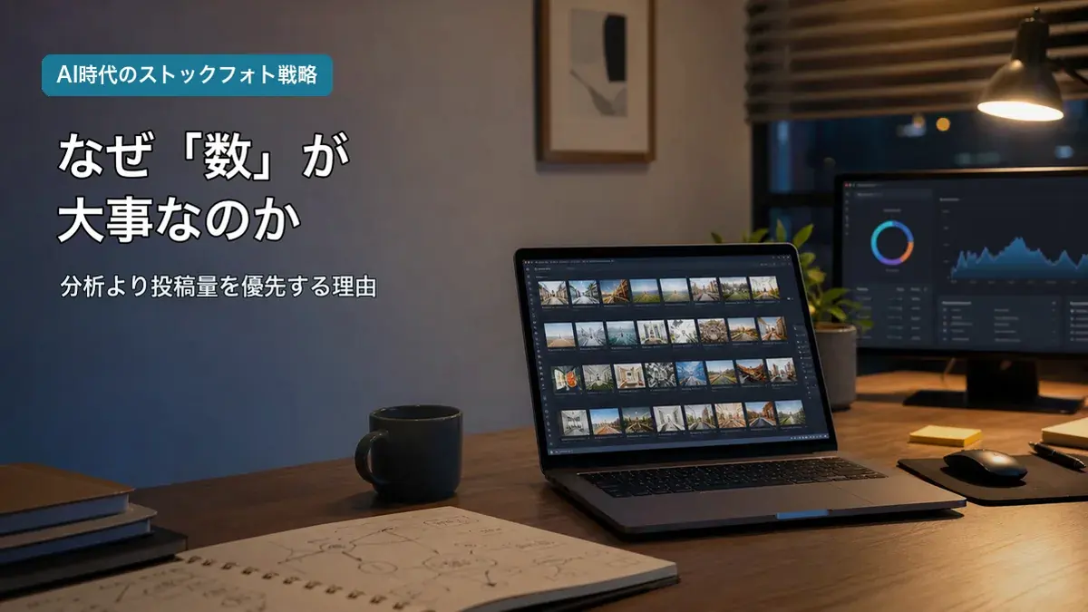 AI時代のストックフォトで大量投稿と自動化を考える作業デスク