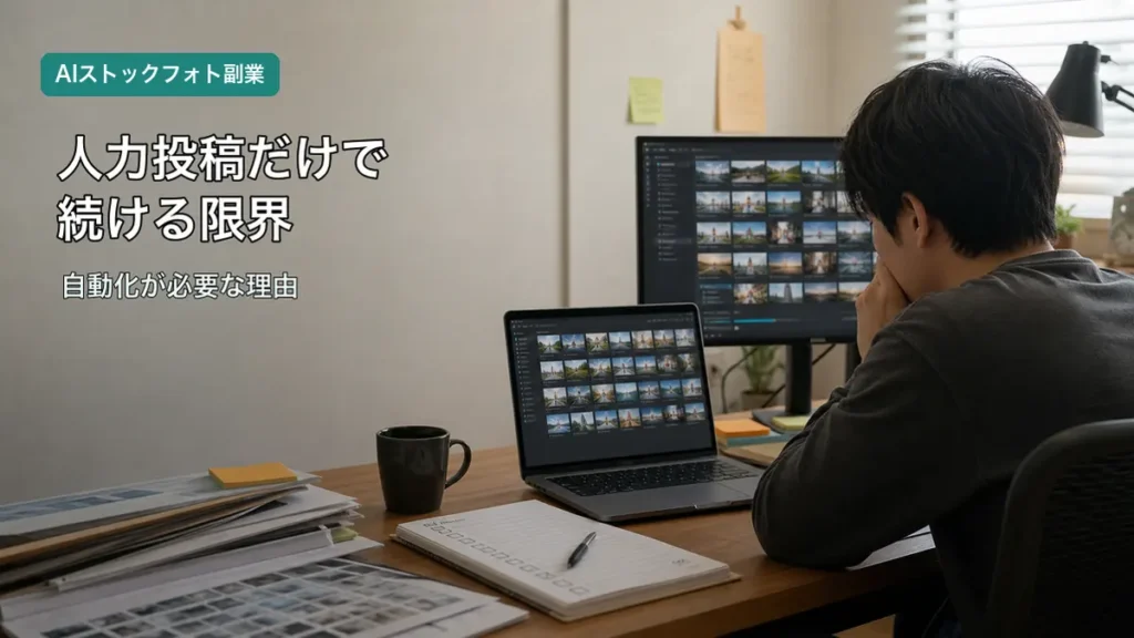 ストックフォト副業の人力投稿に限界を感じる作業デスク