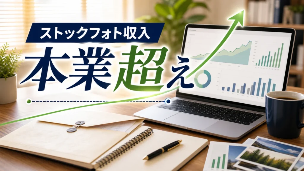 ストックフォト収入が本業を超えたことを示すグラフと作業デスク