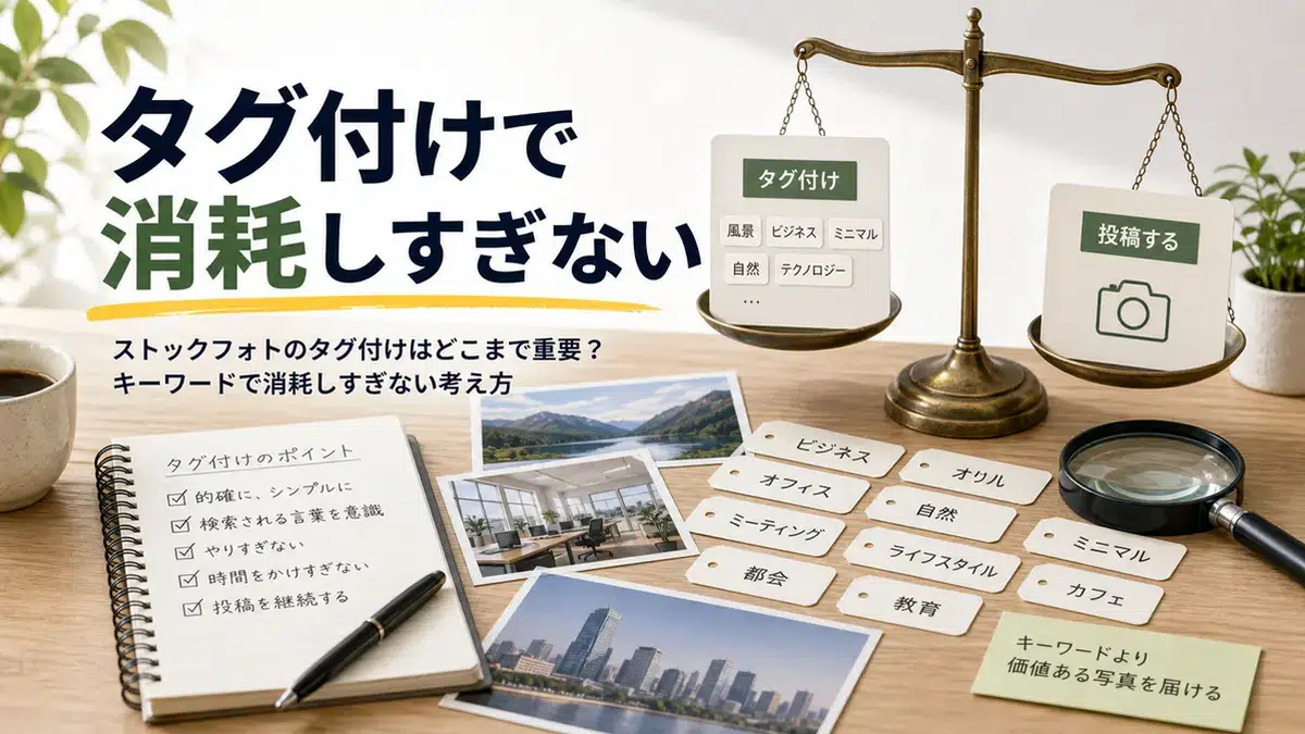 ストックフォトのタグ付けで消耗しすぎない考え方を表すアイキャッチ画像